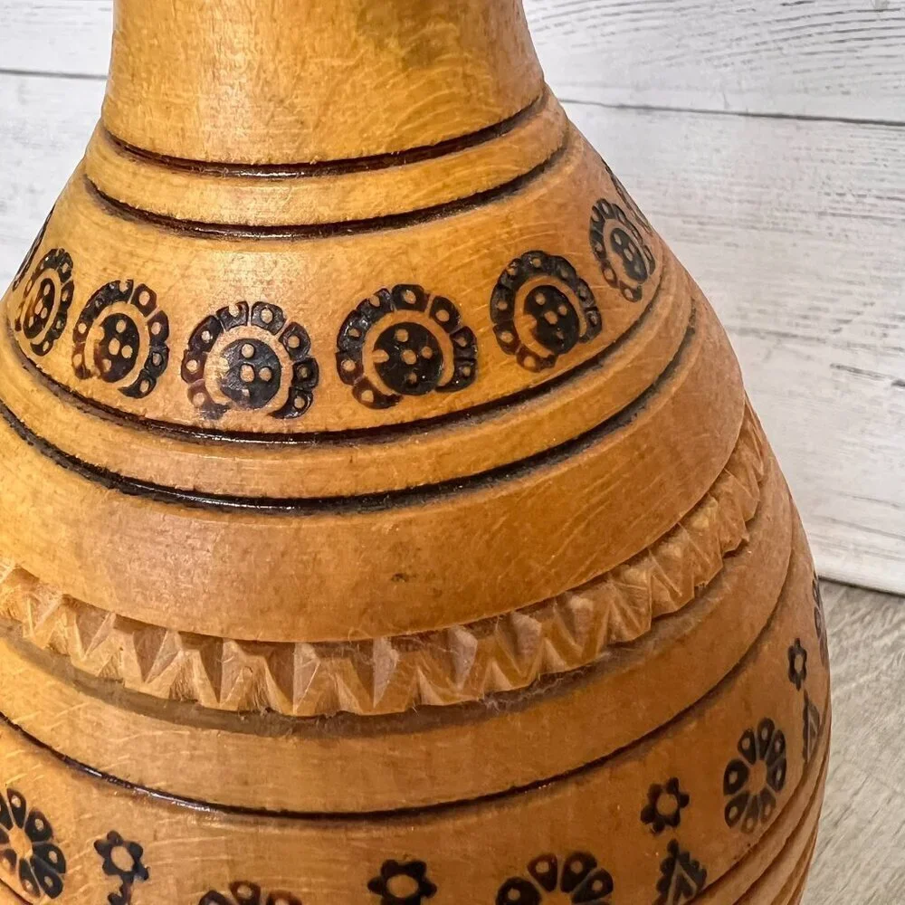 Wood Vase Whimsical Stamp Pattern Primitive Farmhouse Rustic Decor